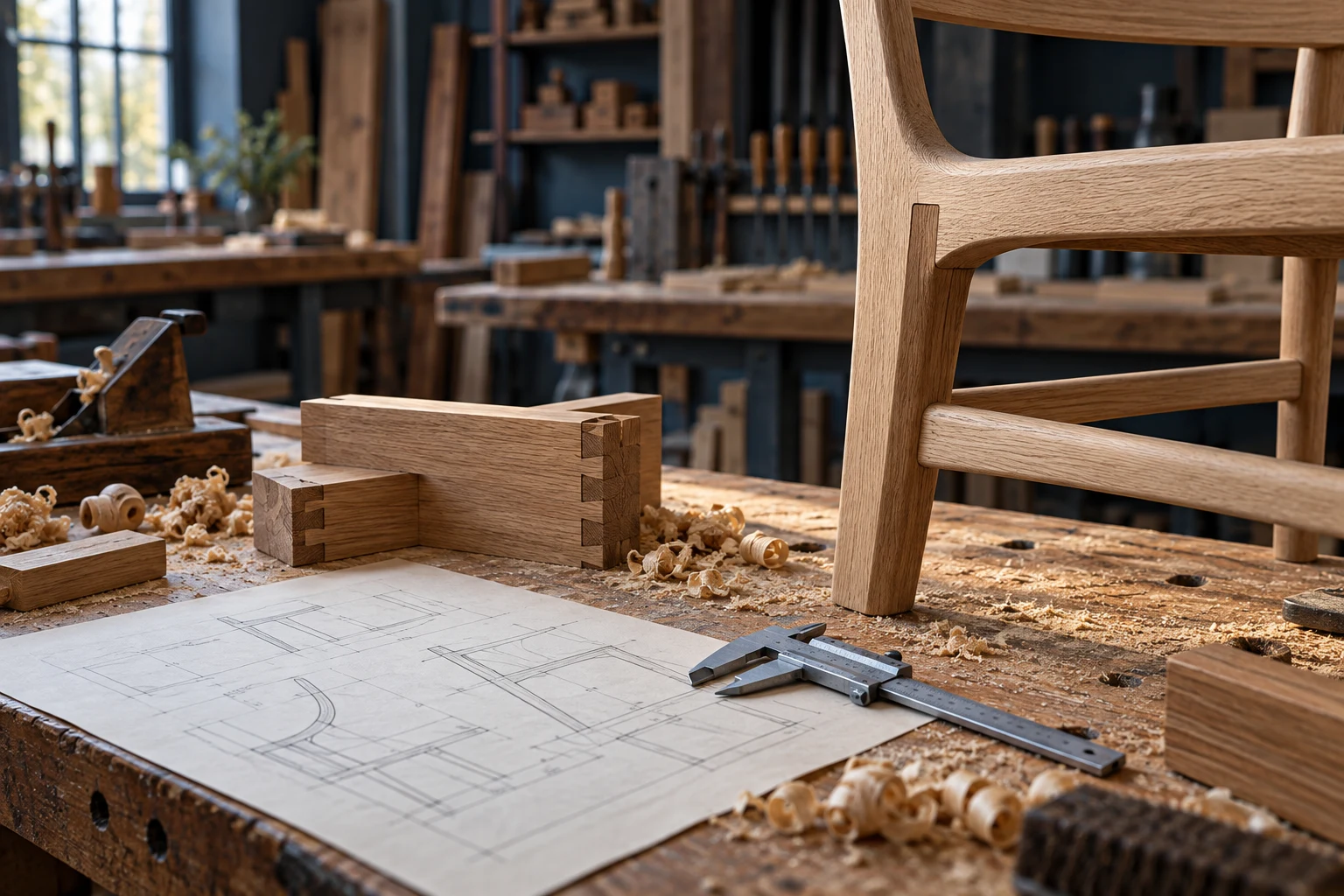 Illustrative furniture workshop with joinery samples and a technical drawing