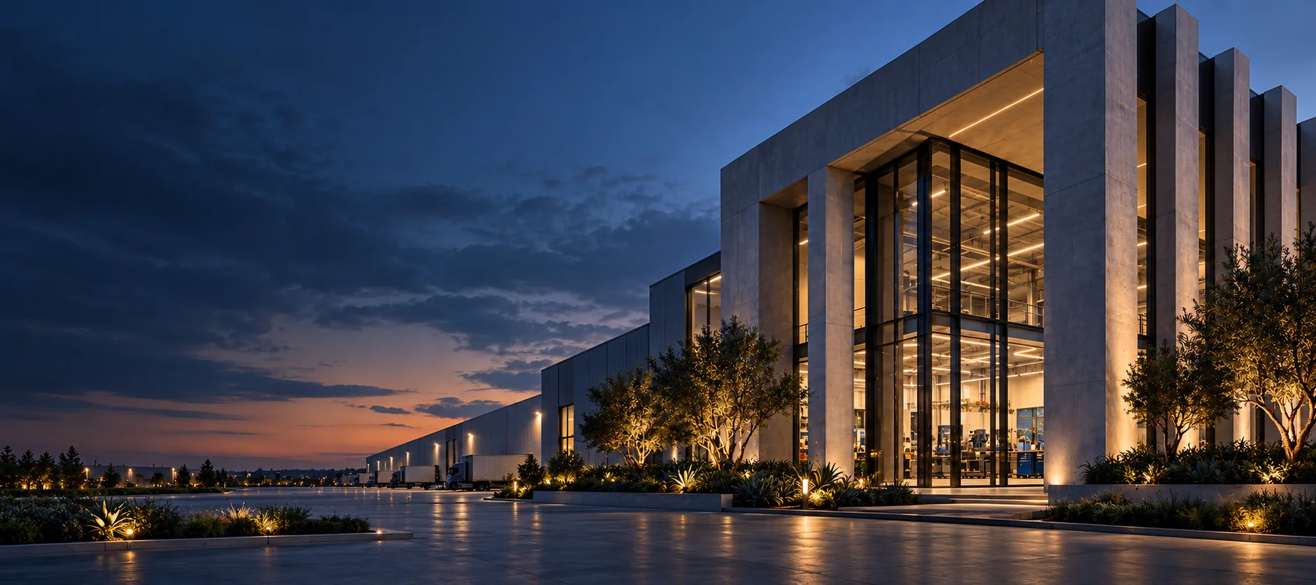 Conceptual commercial property at dusk